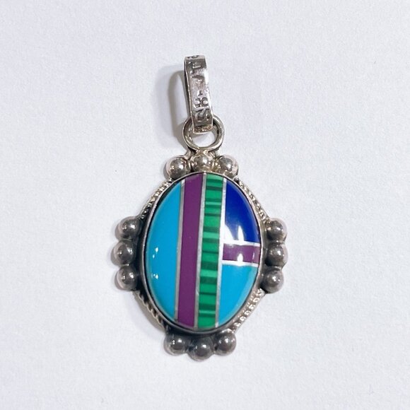 Sterling Silver Multi Gemstone Navajo Pendant With Inlay Design - Picture 1 of 5